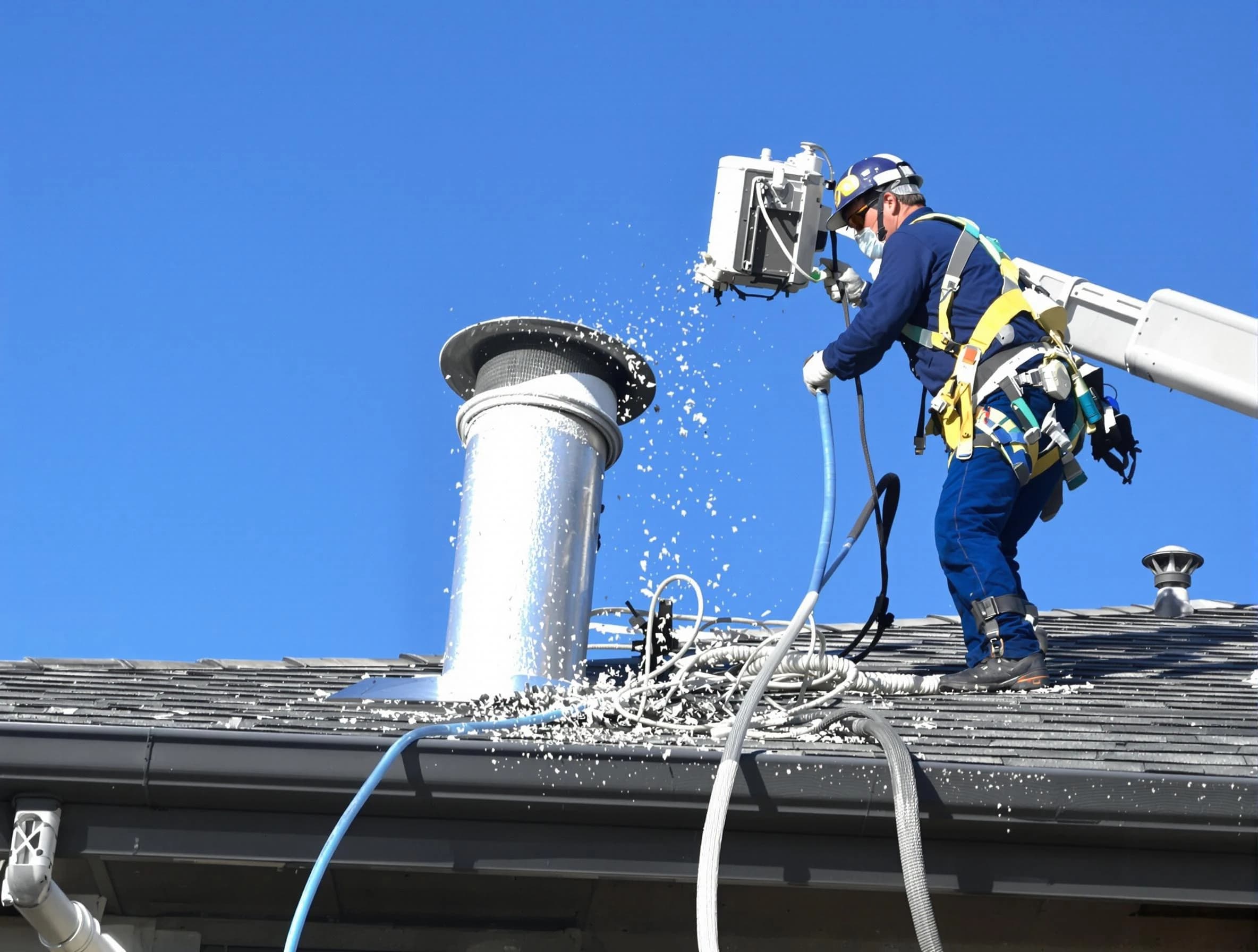 Quincy Dryer Vent Cleaning certified technician safely cleaning a roof-mounted dryer vent in Quincy