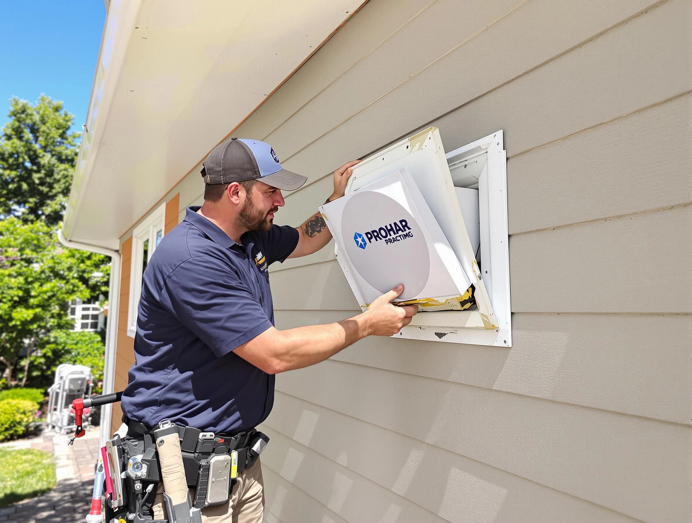 Quincy Dryer Vent Cleaning technician installing a new protective dryer vent cover on a home in Quincy